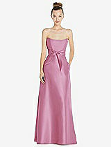 Front View Thumbnail - Powder Pink Basque-Neck Strapless Satin Gown with Mini Sash