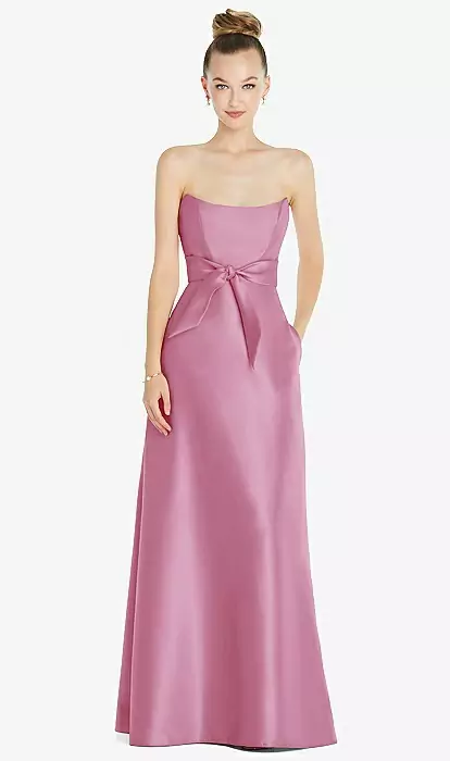 ぴのこ　andresd satin dress Basque-neck Strapless Satin Bridesmaid Dress With Mini Sash