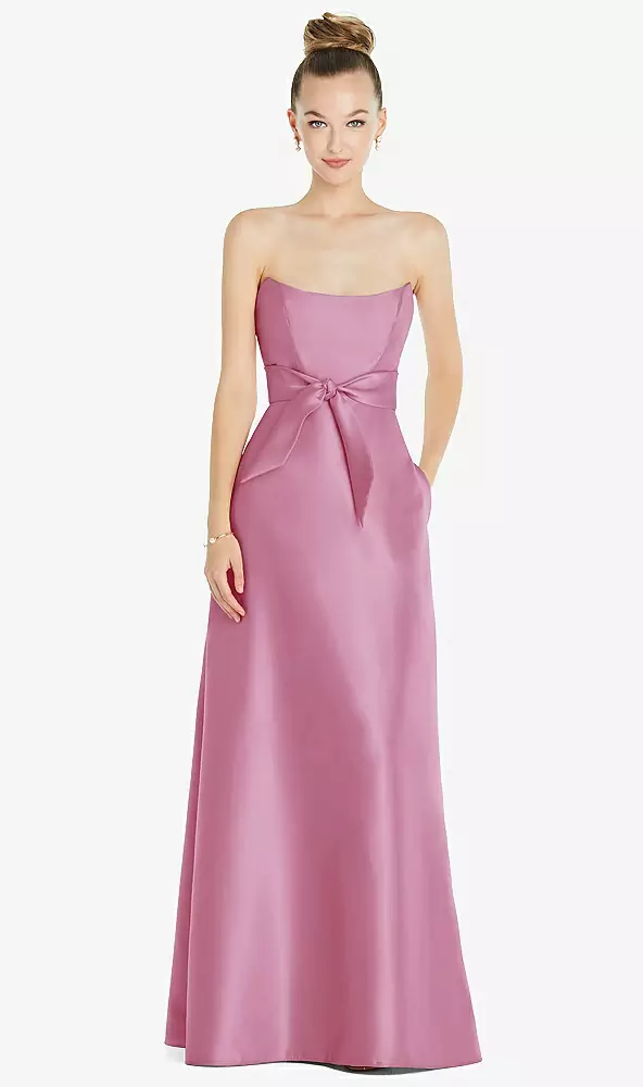 Basque-neck Strapless Satin Bridesmaid Dress With Mini Sash