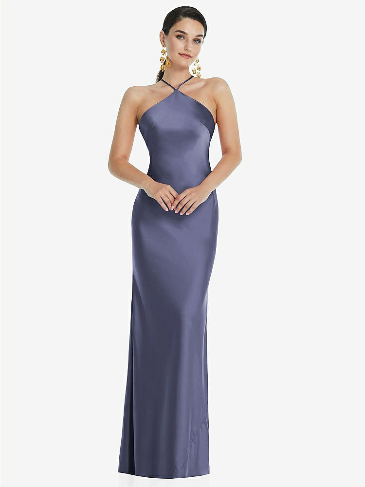 469.【訳あり】RUMBLE VR Dress Blue/Gum Diamond Halter Bias Midi Slip Bridesmaid Dress With