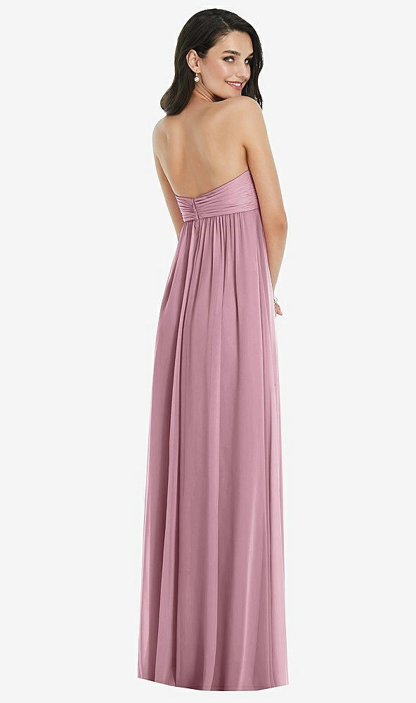 Back View - Dusty Pink Twist Shirred Strapless Empire Waist Gown with Optional Straps