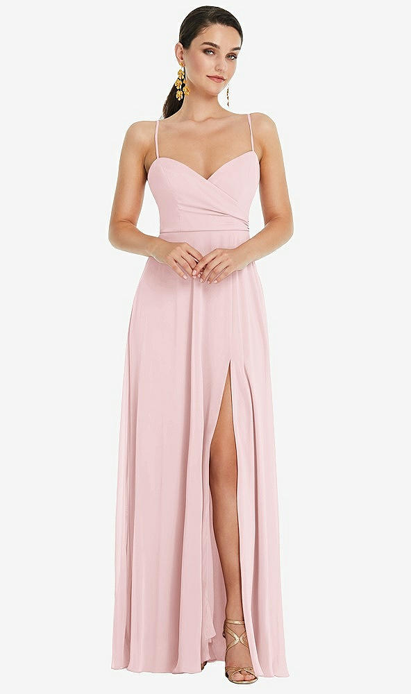 Front View - Ballet Pink Adjustable Strap Wrap Bodice Maxi Dress with Front Slit