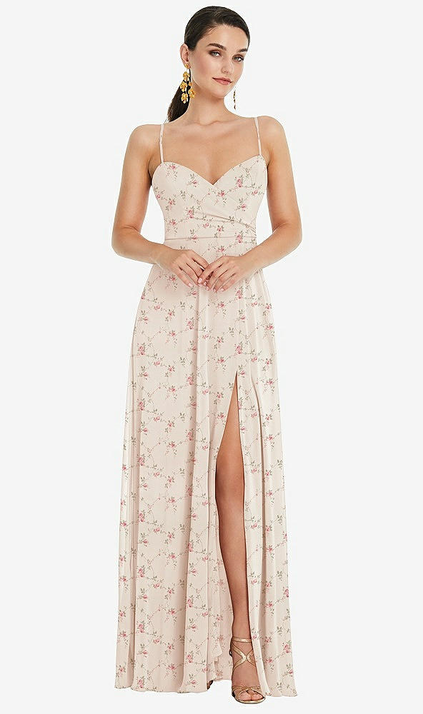 Front View - Coquette Floral Print Adjustable Strap Wrap Bodice Maxi Dress with Front Slit