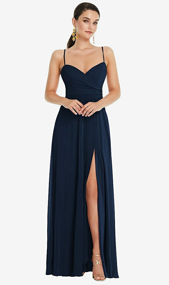 Front View - Midnight Navy Adjustable Strap Wrap Bodice Maxi Dress with Front Slit