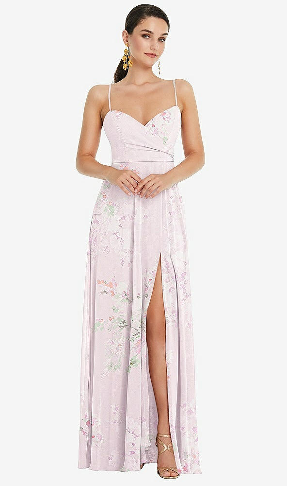 Front View - Watercolor Print Adjustable Strap Wrap Bodice Maxi Dress with Front Slit