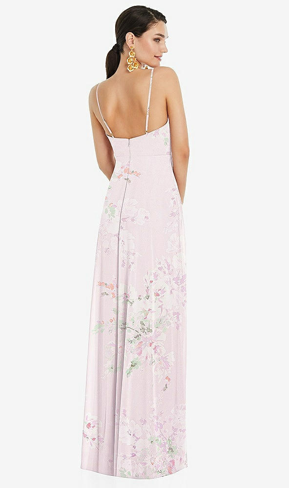 Back View - Watercolor Print Adjustable Strap Wrap Bodice Maxi Dress with Front Slit