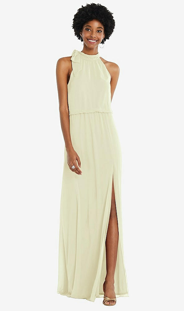 Front View - Butter Yellow Scarf Tie High Neck Blouson Bodice Maxi Dress with Front Slit