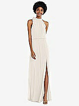 Front View Thumbnail - Ivory Scarf Tie High Neck Blouson Bodice Maxi Dress with Front Slit