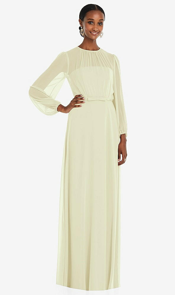 Front View - Butter Yellow Strapless Chiffon Maxi Dress with Puff Sleeve Blouson Overlay 