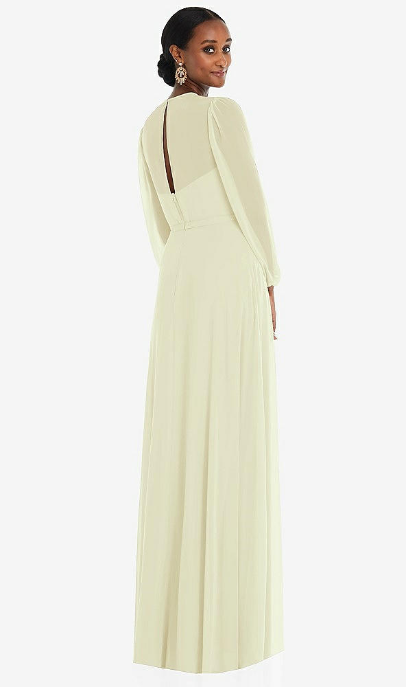 Back View - Butter Yellow Strapless Chiffon Maxi Dress with Puff Sleeve Blouson Overlay 
