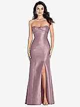 Front View Thumbnail - Dusty Rose Bow Cuff Strapless Princess Waist Trumpet Gown