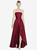 Alt View 1 Thumbnail - Burgundy Strapless Satin Gown with Draped Front Slit and Pockets