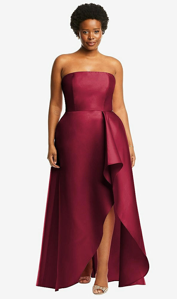Front View - Burgundy Strapless Satin Gown with Draped Front Slit and Pockets