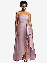 Front View Thumbnail - Dusty Rose Strapless Satin Gown with Draped Front Slit and Pockets