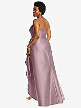 Rear View Thumbnail - Dusty Rose Strapless Satin Gown with Draped Front Slit and Pockets