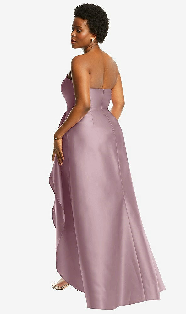 Back View - Dusty Rose Strapless Satin Gown with Draped Front Slit and Pockets
