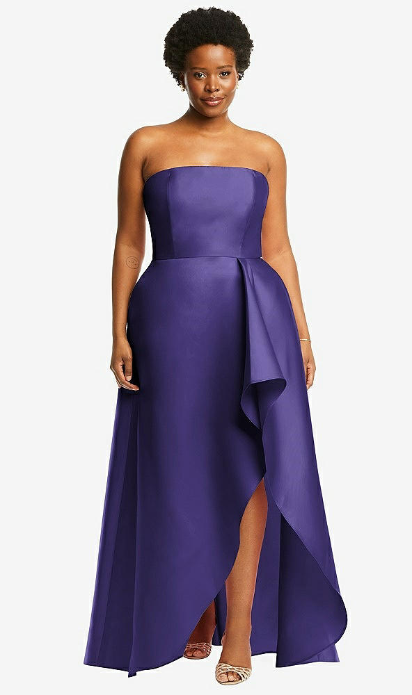 Front View - Grape Strapless Satin Gown with Draped Front Slit and Pockets
