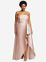 Front View Thumbnail - Toasted Sugar Strapless Satin Gown with Draped Front Slit and Pockets