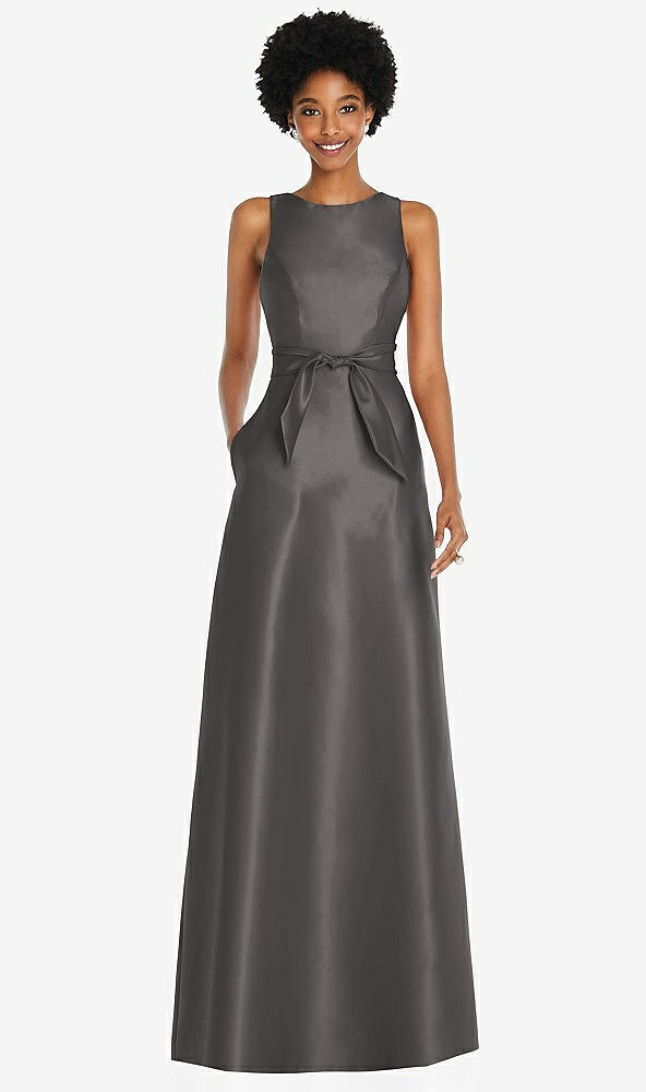 Front View - Caviar Gray Jewel-Neck V-Back Maxi Dress with Mini Sash