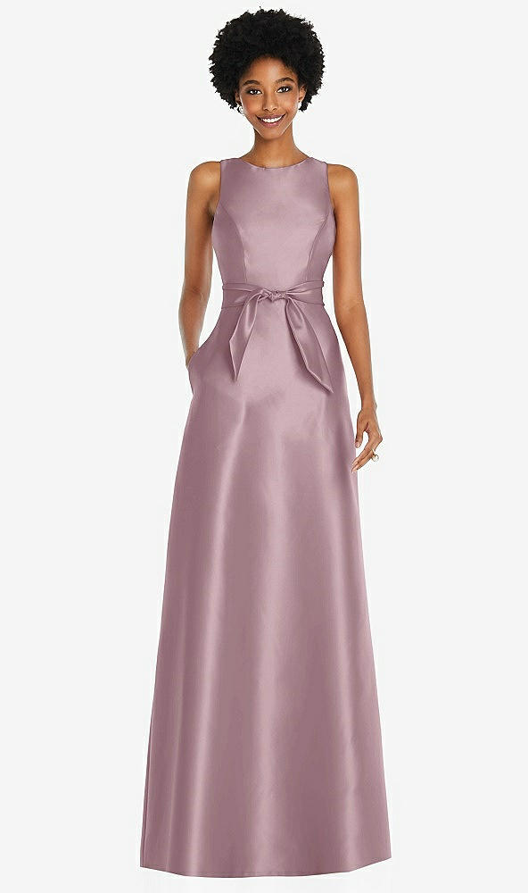 Front View - Dusty Rose Jewel-Neck V-Back Maxi Dress with Mini Sash