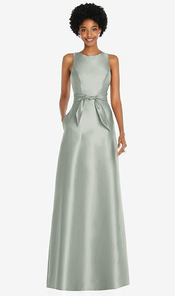 Front View - Willow Green Jewel-Neck V-Back Maxi Dress with Mini Sash
