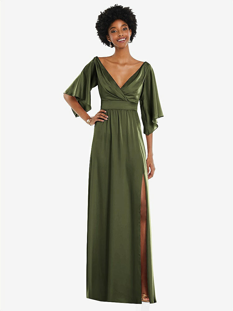 Flared Sleeves Wrap Olive Green Dress Flared Sleeves Wrap Olive Green Dress