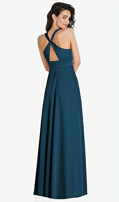Shirred Shoulder Criss Cross Back Maxi Bridesmaid Dress With
