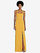 Front View Thumbnail - NYC Yellow Tie Halter Open Back Trumpet Gown