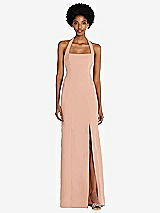 Front View Thumbnail - Pale Peach Tie Halter Open Back Trumpet Gown 