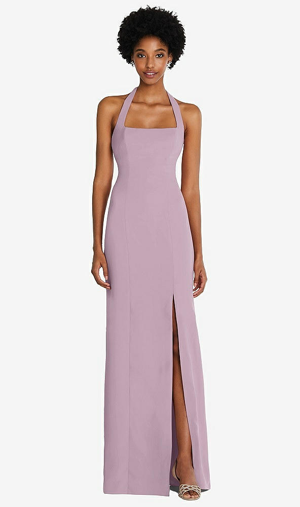 Front View - Suede Rose Tie Halter Open Back Trumpet Gown