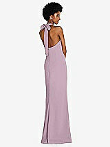 Rear View Thumbnail - Suede Rose Tie Halter Open Back Trumpet Gown