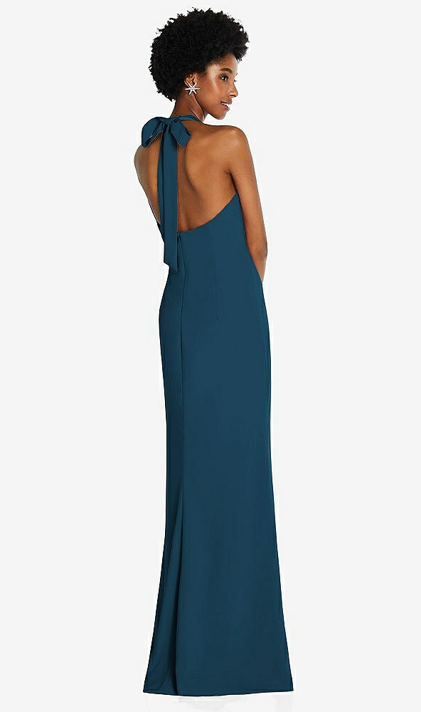 Back View - Atlantic Blue Tie Halter Open Back Trumpet Gown