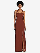 Front View Thumbnail - Auburn Moon Tie Halter Open Back Trumpet Gown