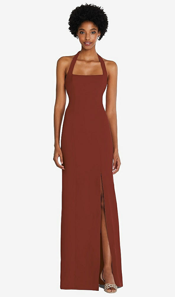 Front View - Auburn Moon Tie Halter Open Back Trumpet Gown