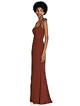 Side View Thumbnail - Auburn Moon Tie Halter Open Back Trumpet Gown