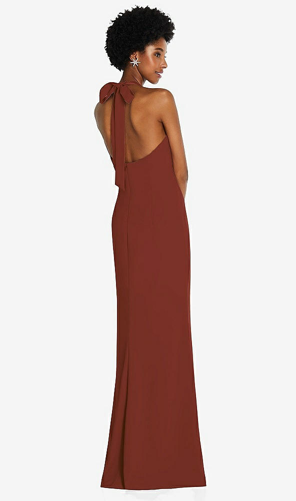 Back View - Auburn Moon Tie Halter Open Back Trumpet Gown