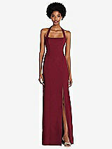 Front View Thumbnail - Burgundy Tie Halter Open Back Trumpet Gown