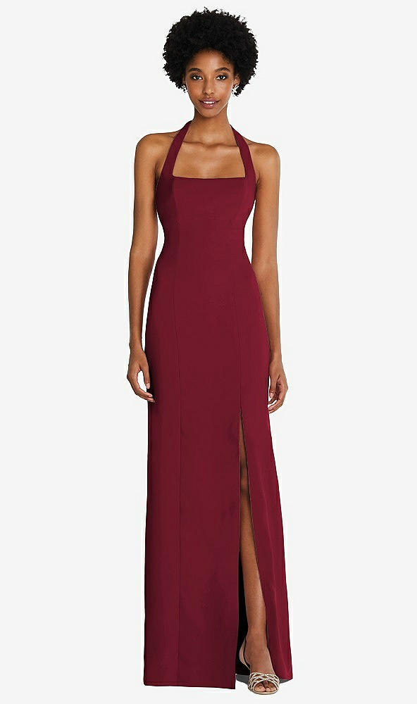 Front View - Burgundy Tie Halter Open Back Trumpet Gown