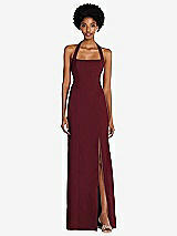 Front View Thumbnail - Cabernet Tie Halter Open Back Trumpet Gown