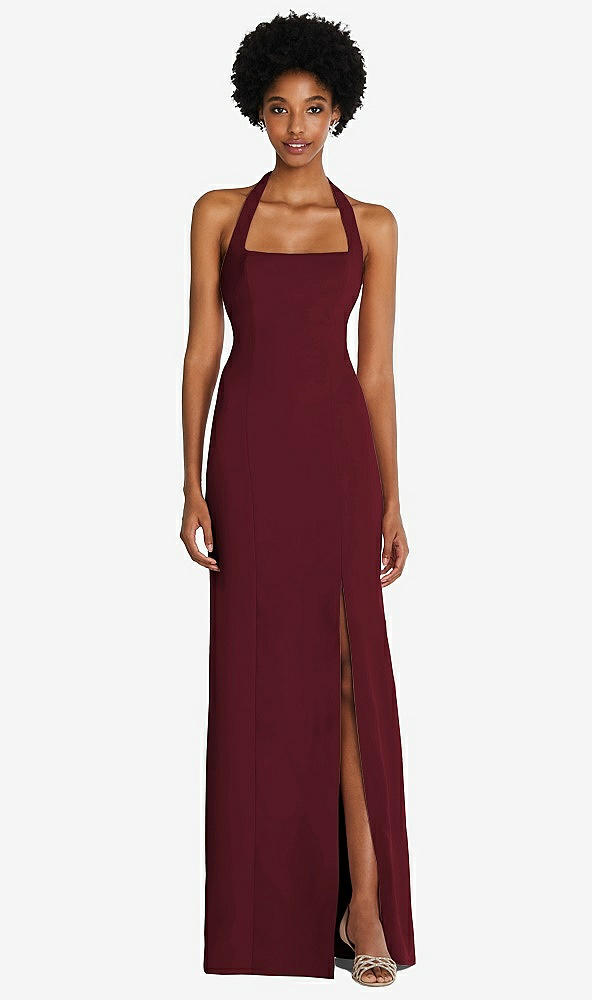Front View - Cabernet Tie Halter Open Back Trumpet Gown