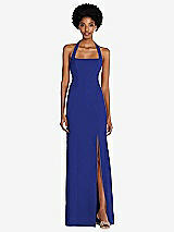 Front View Thumbnail - Cobalt Blue Tie Halter Open Back Trumpet Gown