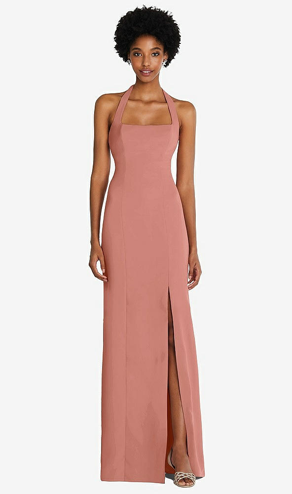 Front View - Desert Rose Tie Halter Open Back Trumpet Gown