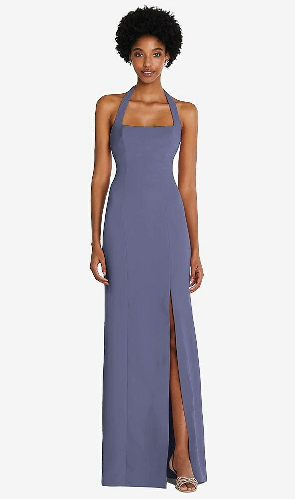 Front View - French Blue Tie Halter Open Back Trumpet Gown