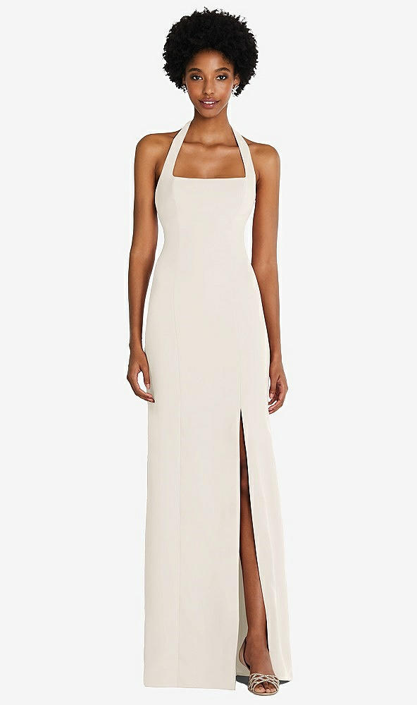 Front View - Ivory Tie Halter Open Back Trumpet Gown