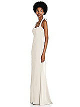 Side View Thumbnail - Ivory Tie Halter Open Back Trumpet Gown
