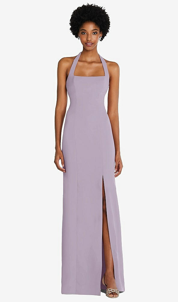 Front View - Lilac Haze Tie Halter Open Back Trumpet Gown