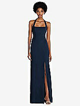 Front View Thumbnail - Midnight Navy Tie Halter Open Back Trumpet Gown