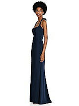 Side View Thumbnail - Midnight Navy Tie Halter Open Back Trumpet Gown