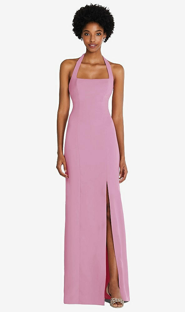 Front View - Powder Pink Tie Halter Open Back Trumpet Gown