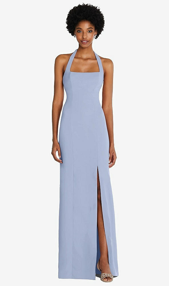 Front View - Sky Blue Tie Halter Open Back Trumpet Gown